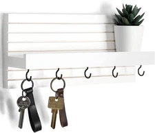 Decorative Key Holder for Wall with Shelf, Entryway Shelf Hooks White 