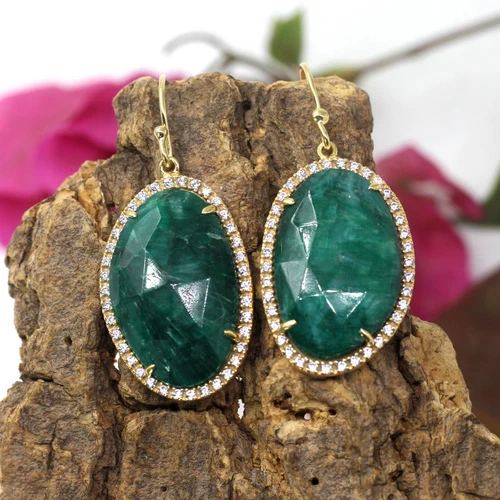 Solid 925 Sterling Silver Jewelry Oval Checker Emerald CZ 4cm Earring SE2067