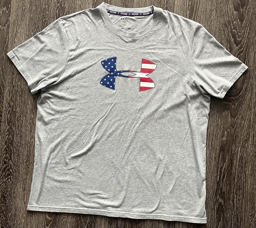 Under Armour Heatgear Charged Freedom USA Flag Red White Blue Shirt Sz 2XL Loose