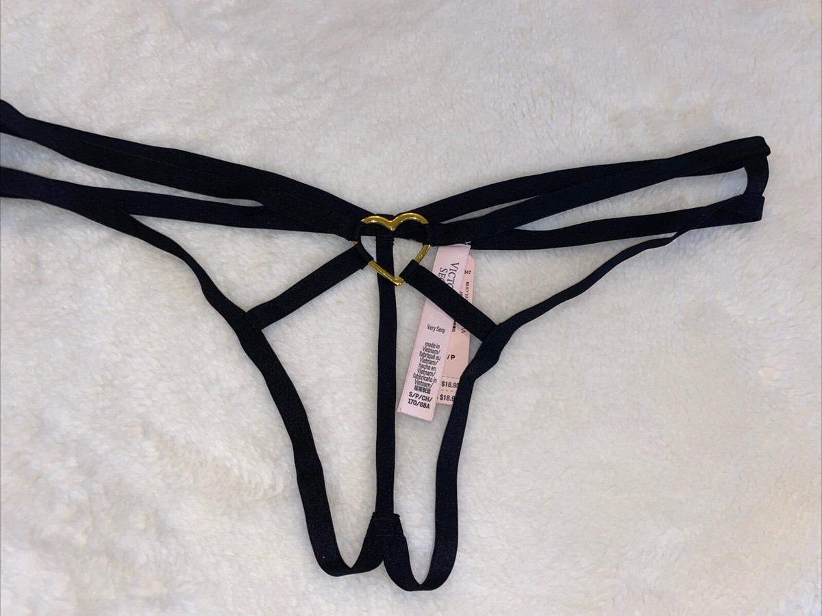 Victoria's Secret Panties Very Sexy Strappy Crotchless Black Gold Heart  Small S
