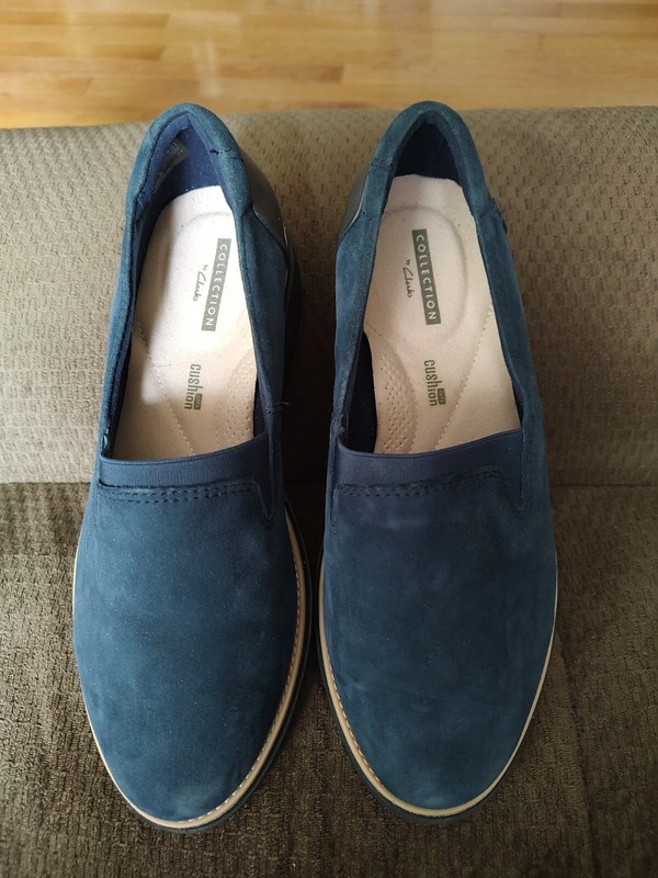 Clarks Women's Shoes Blue Black Sharon Dolly Slip On Loafers Ortholite Footbed 7