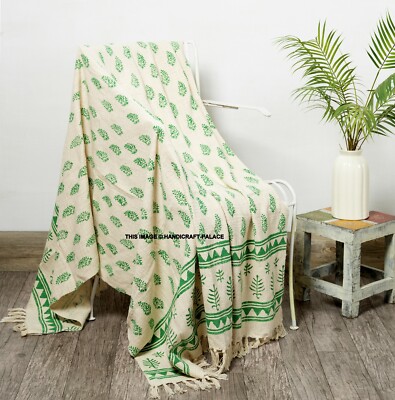 Hand Block Leaf Printed Throw Blanket Mud Cloth Cotton Shawl Wrap Sofa Bed Throw