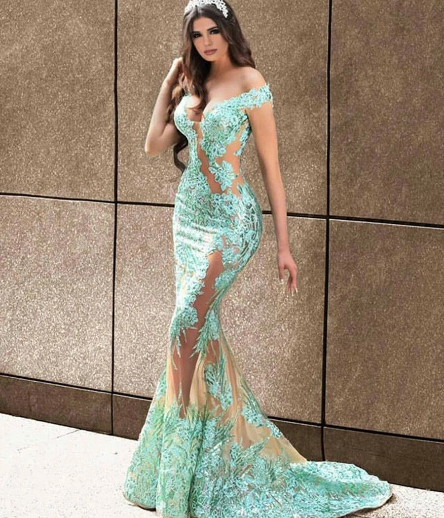 Sequined Lace Mermaid Evening Gown