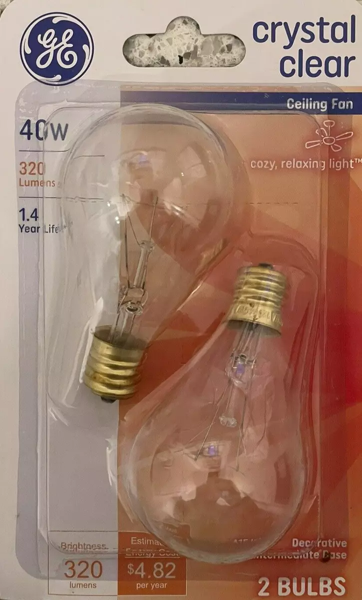 2 GE 40 Watt Crystal Clear A15 Ceiling Fan Light Bulbs w Intermediate Base