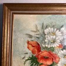 Huile Bouquet Coquelicot Marguerites Signee Paillard 58x66 Bois Doré 