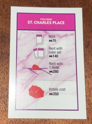 2021 Monopoly Crooked Cash Ed. St. Charles Place Property Replacement Pc.