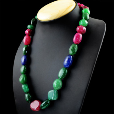 Earth Mined ENHANCED Sapphire, Emerald & Ruby Carved Beads Necklace- NK 15-MF7