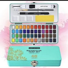 Watercolor Paint Set, 48 Vivid Colors in Portable Box, Paper, Brush, Sponge