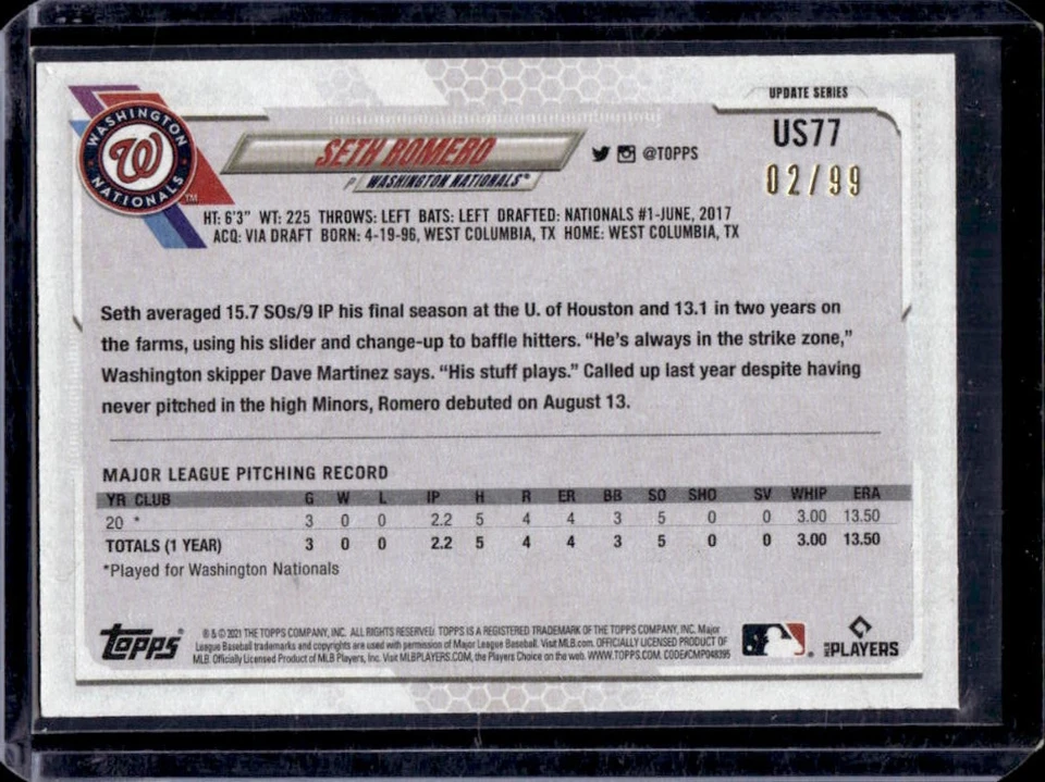 2021 Topps Update Seth Romero RC Vintage Stock Rookie #2/99 Nationals - Image 2 of 2