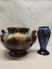 VTG Brush MCCOY Pottery Brown ONYX Blended Glaze JARDINIERE Urn and Blue VASE -2