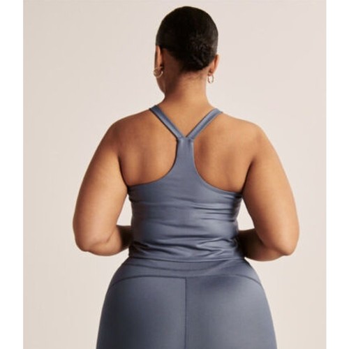 Abercrombie & Fitch Sheen V-Neck Racerback Cropped Tank Top, Blue, Size XS - Picture 4 of 8