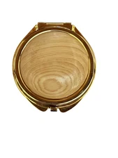 Vintage Compact Mirror Gold Tone Woodgrain Design Round Makeup Purse Accessory