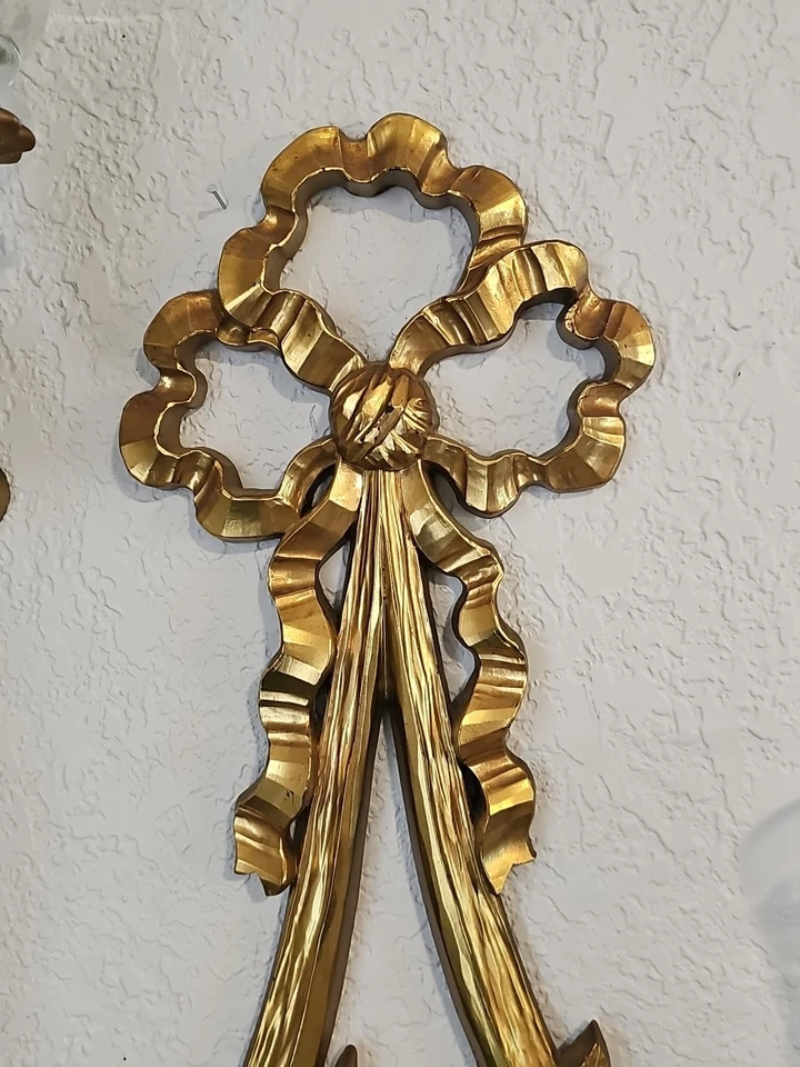 Pair of 2 Regency Brass Look Syroco Plastic 3 Arm Candle Sconce/6  Glass Votive  - Image 4 of 4