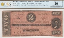 T-70 PF-11 1864 $2 Confederate Currency RARE Variety Hi Low Plens PCGS VF20 Red!
