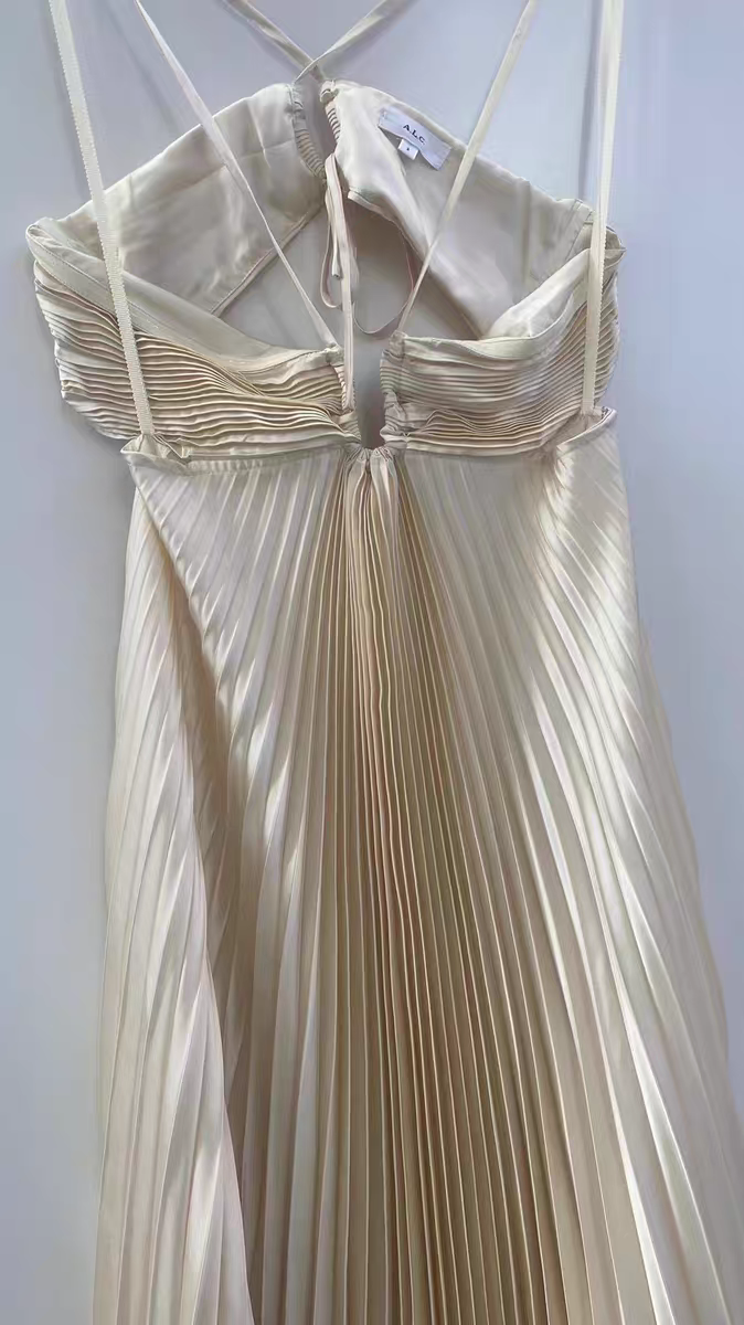 alc gold pleated dress ALC Aries Yellow Pleated Satin Maxi by ALC