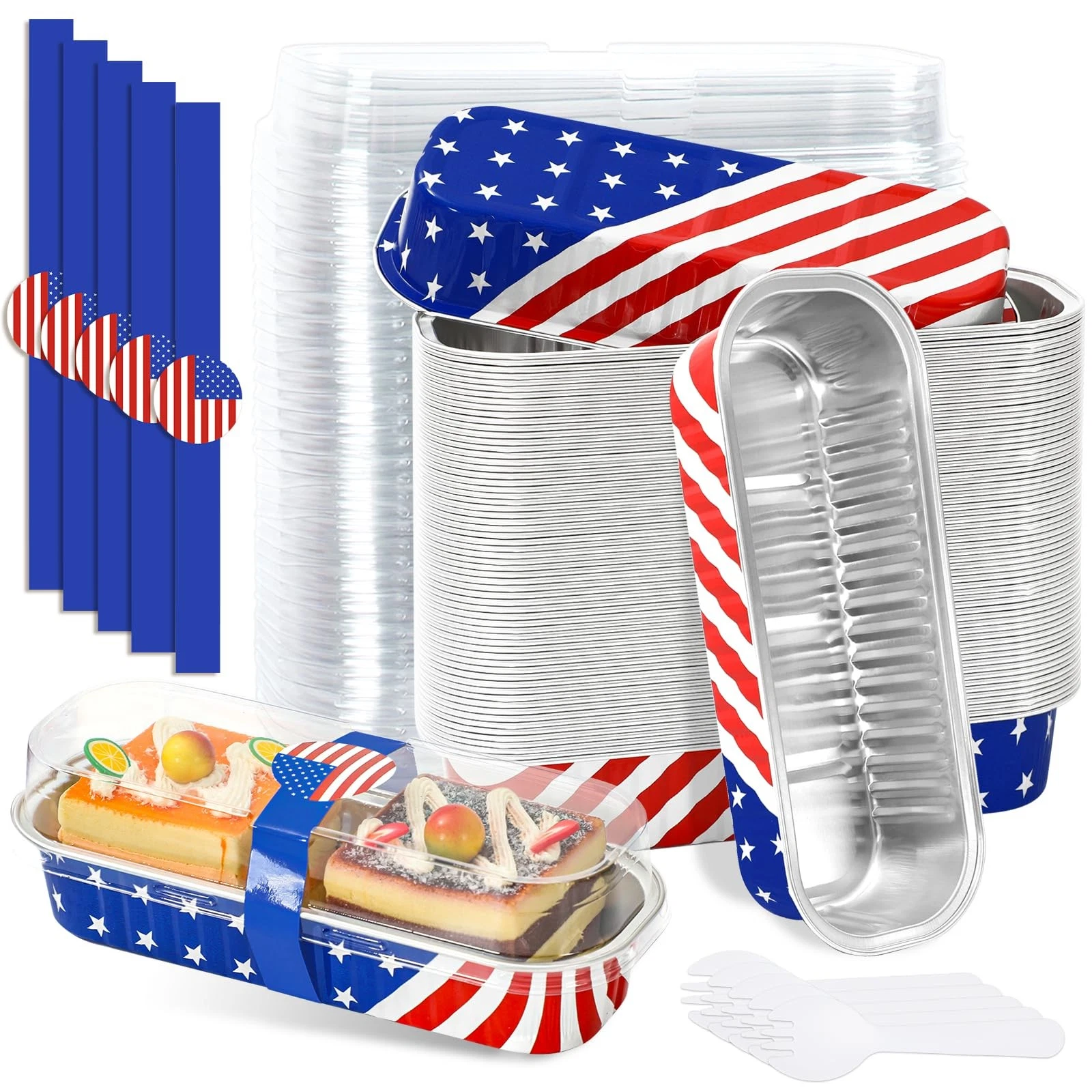 100 Pcs Patriotic Mini Loaf Pans with Lids and Forks Mini Cake Pans Blue Red ...