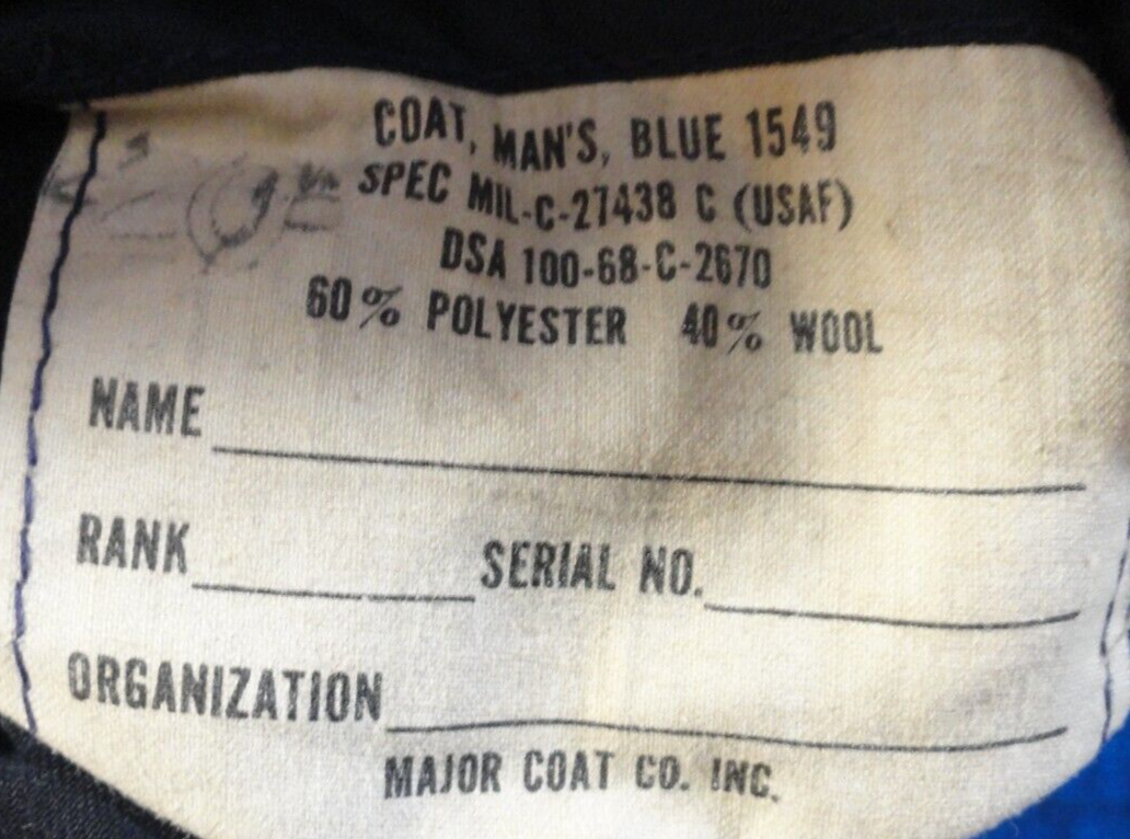 1968 USAF AIR FORCE DRESS BLUE 1549 SHADE UNIFORM 4 POCKET JACKET COAT 40XS
