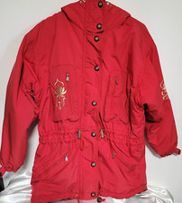 Vintage Bogner Ski Jacket Hooded Red Embroidered Pocketed Women Sz 8