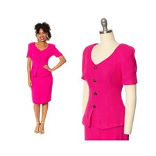 Vintage 1980s Pencil Skirt Suit 80s Hot Pink Two Piece Set Blouse Top Secretary