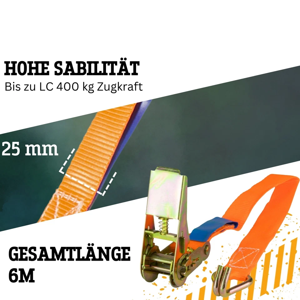 Spanngurt zweiteilig 6m lang 25mm breit 800 Kg daN Orange Zurrgurt Spanngurte - Bild 3 von 4