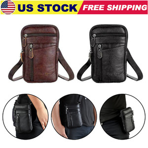 Men Leather Cell Phone Belt Bag Waist Bag Shoulder Pouch Crossbody Purse Pocket