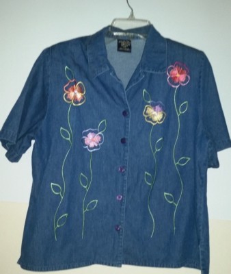 ALLISON DALEY Blue Denim w/ Floral embroidery button shirt