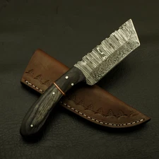 HAND MADE DAMASCUS TANTO BLADE SKINNING HUNTING CAMPING KNIFE/PAKKA WOOD