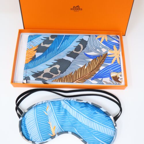 NEW HERMES HAT WOMEN Eye Mask Travel Plane Silk Limited Blue Gold Gray - Picture 1 of 11