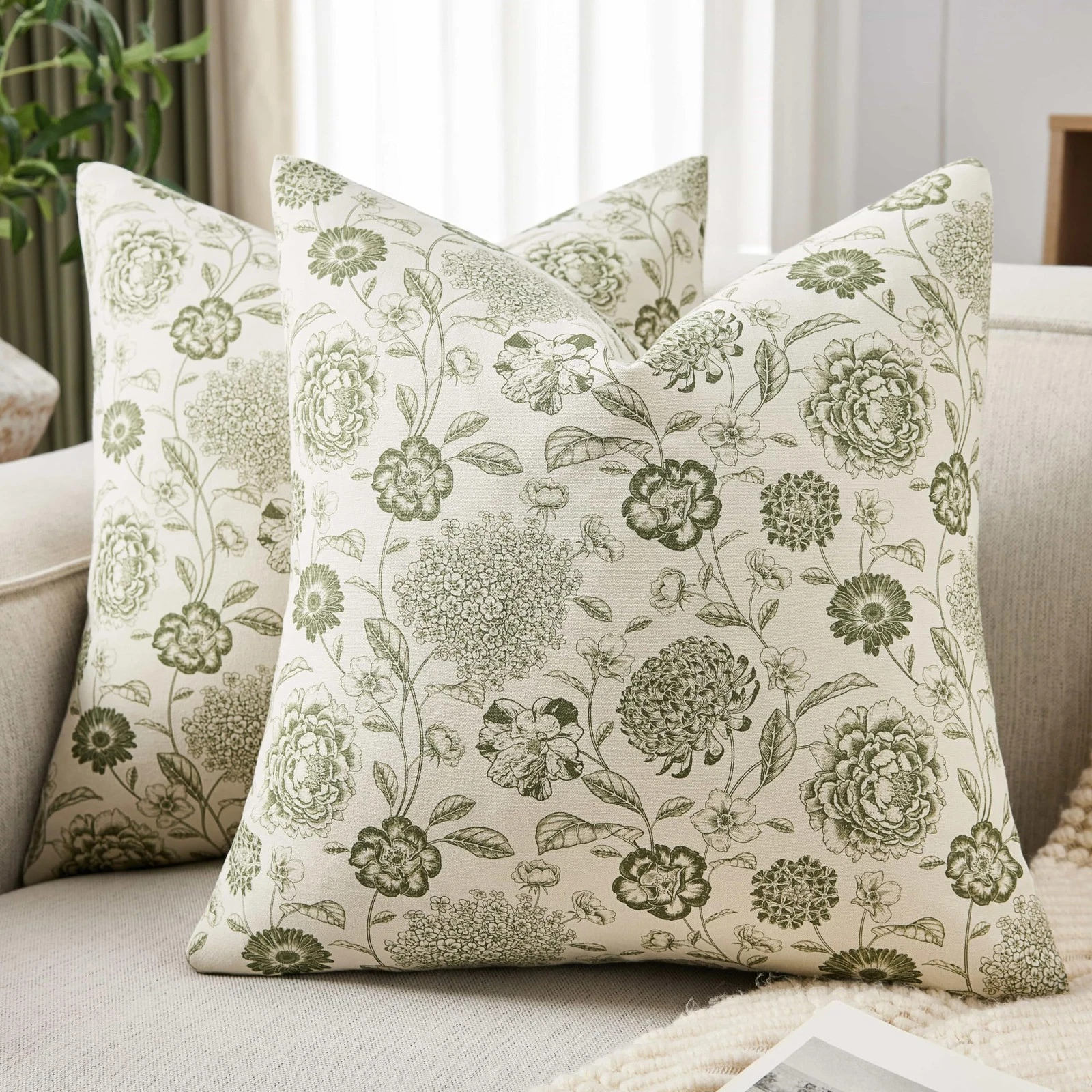 100% Cotton Botanical Throw Pillow Covers Set of 2, 18x18 Inch Moss, Farmhous...