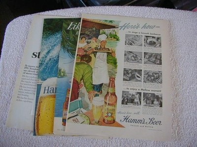 Vintage lot of 6 Hamms beer print ads 1947 -1971 surfer bottle large color ad