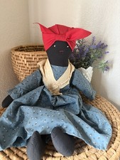 Vintage Folk Art African American Fabric Rag Doll Blue Dress