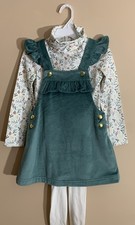 Christmas SALE Tahari 2T Girls Green Holly Floral Overall Dress Tights Outfit 