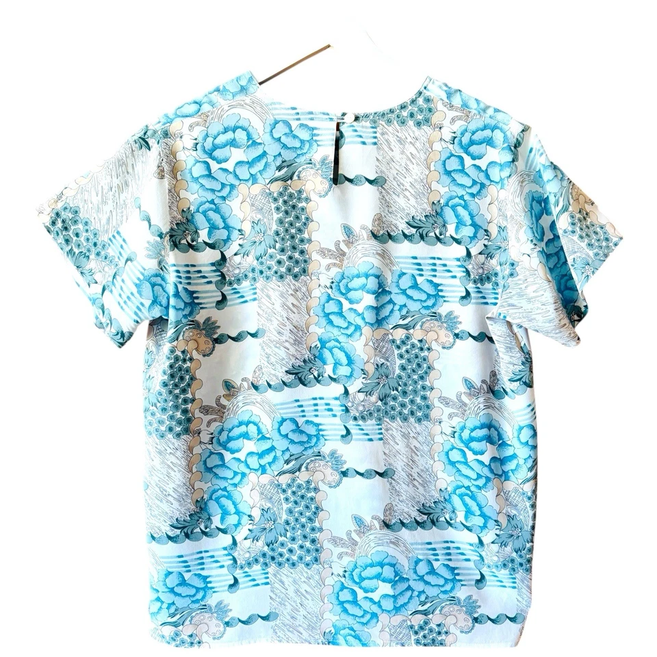 Olivia Rhodes Top Women Size L Blue Silk Japanese Print Neck Short Sleeve - image 2 of 4