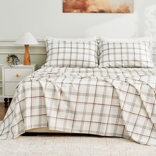 Linen Sheets Queen 4 Piece Set Breathable Moisture Wicking Green Plaid MEISHANG