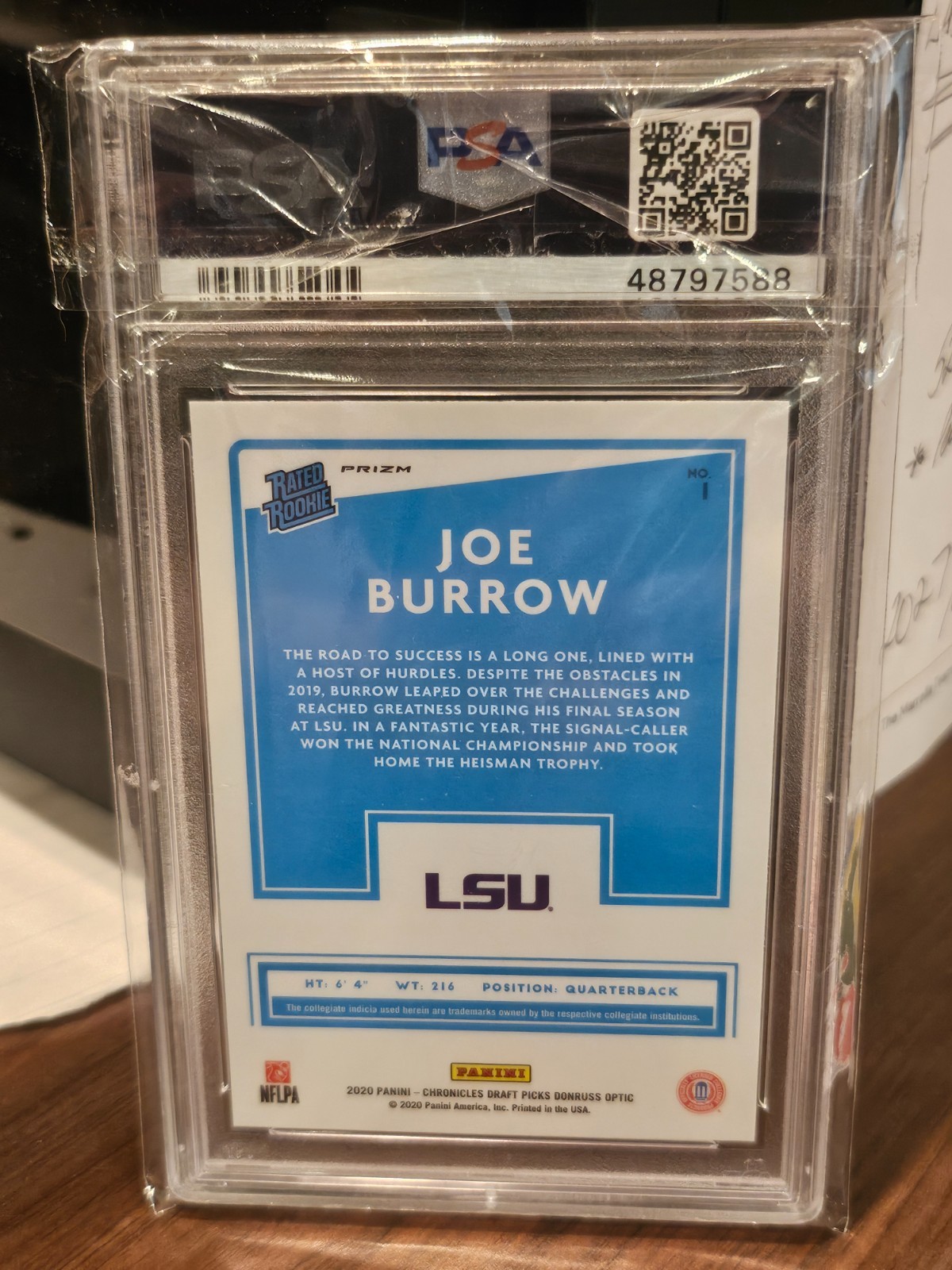 JOE BURROW 2020 CHRONICLES DRAFT DONRUSS OPTIC RATED ROOKIE BLUE PSA 8 view 2