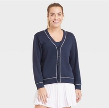 NWT All in Motion sz M Navy Piped button up Cardigan Sweatshirt Piping BB29