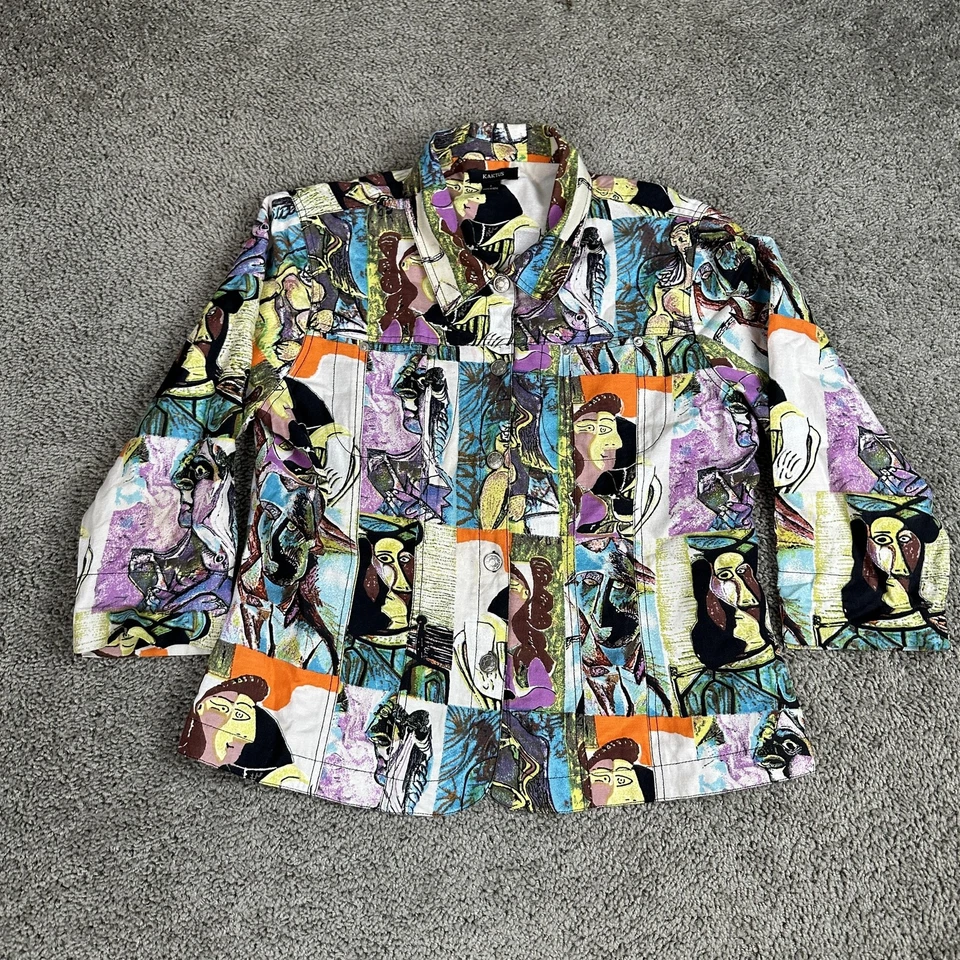 Chaqueta Kaktus Mujer Grande Picasso Arte Abstracto Impresión Lino Botón Forrado Frontal Foto 2 de 4