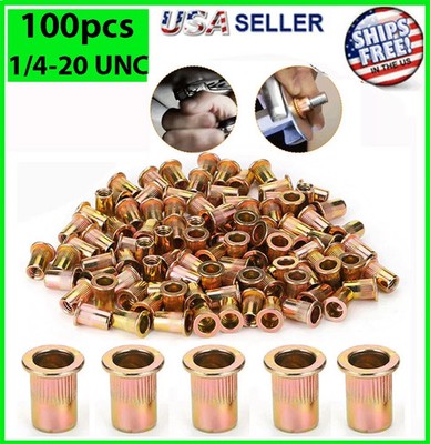 1/4-20 Rivet Nut Carbon Steel Flat Head Threaded Insert Nutsert SAE 1/4 20 100CT