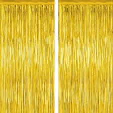 2 Pack Gold Tinsel Backdrop, 3.28 FT x 7.05 FT Metallic Fringe Curtain, Gold