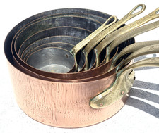Vintage French Copper Pan Set of 7 Tin Lining Bronze Handles Copper Rivets 8.8lb
