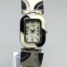 Sophie Womens Watch 22mm Silver Tone Black White Enamel New Battery 7.25"