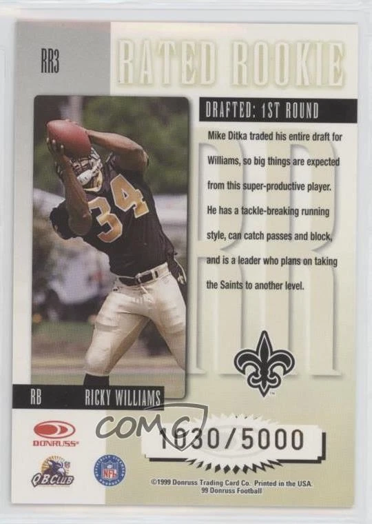 1999 Donruss Rated Rookie /5000 Ricky Williams #RR3 RC - Image 2 of 2