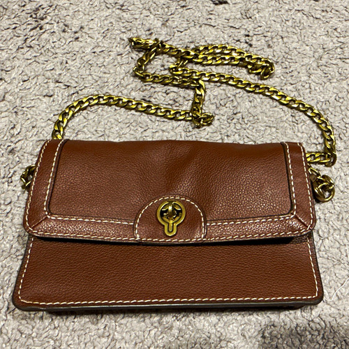 Fossil Brown Turn Lock Flap Shoulder Bag Gold Chain Strap Classic Medium