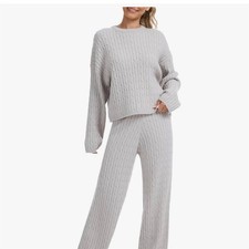 Womens Cable Knit Lounge Set 2PC Pullover Sweater Wide-Leg Pants Gray S