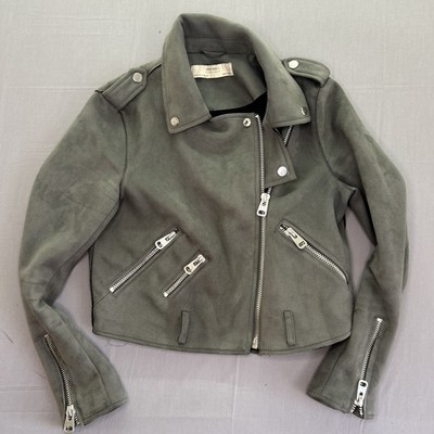 Zara Basic Faux Suede Cropped Biker Jacket Women s Medium Gray Zippers Punk Moto