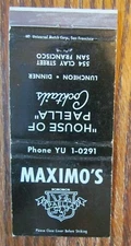 SAN FRANCISCO, CALIFORNIA MATCHBOOK COVER: MAXIMO'S RESTAURANT MATCHCOVER -E