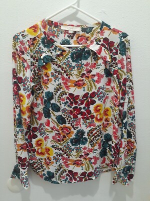 LOFT Floral Ruffle semi sheer poet sleeved blouse summer floral XS NWOT