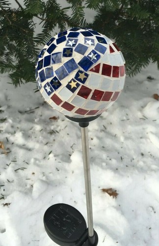 Solar USA Flag Glass Ball Garden Stake Color Change LED Light Outdoor Path Decor - Picture 1 of 12