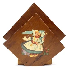 Vtg MCM Wood Napkin Holder Dutch Girl Decal Transfer Kitsch Mad Men S2E5