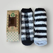 Winter Essentials Black & White Super Soft Socks 2 pair Size 4-10 Plaid Stripes